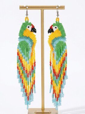 🆕️ Large Artisan Hand Made Green Parrot Bird Earrings NWOT